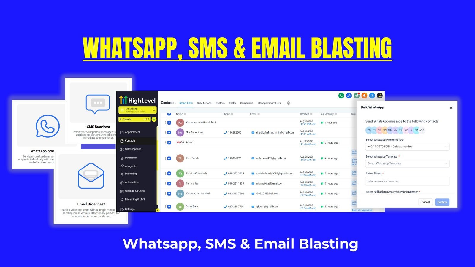 WhatsApp, SMS and email blasting dashboard